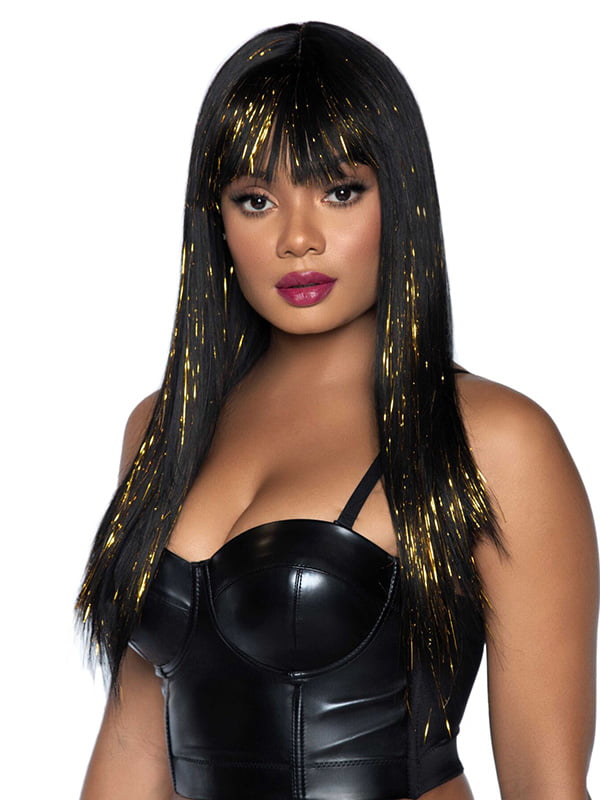 Чорна перука із золотими пасмами Leg Avenue Long bang wig with tinsel, 60 см | 6720172