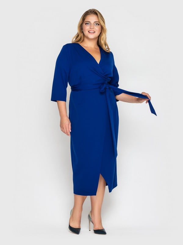 Нарядное синее платье с поясом | 5910591