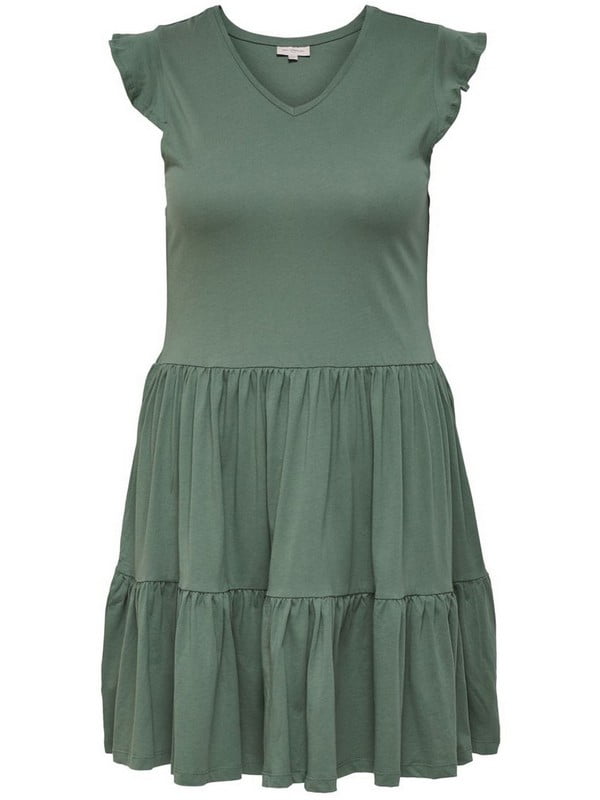 Сукня кольору хакі з V-образним вирізом горловини та оборками | 6722509