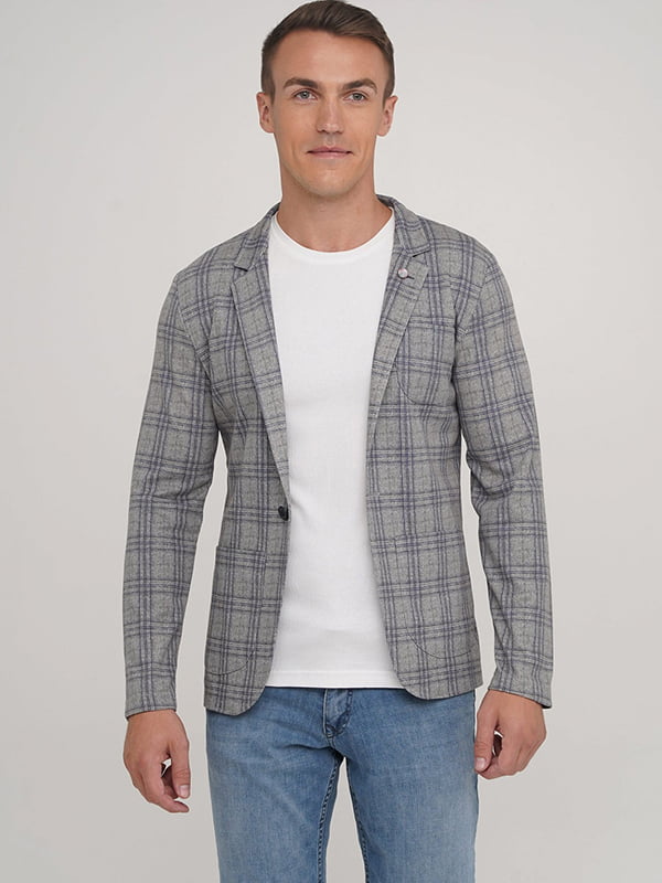 Клетчатый серый пиджак с накладными карманами | 6727537