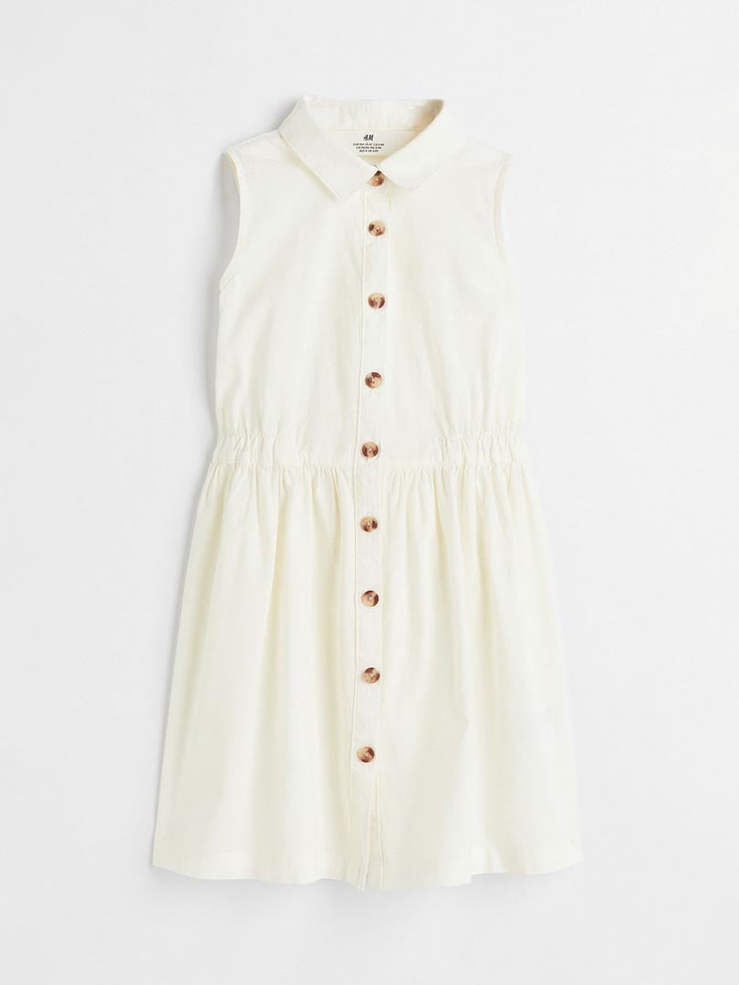 Белое платье-рубашка на пуговицах с воротником и сборкой на талии | 6735422