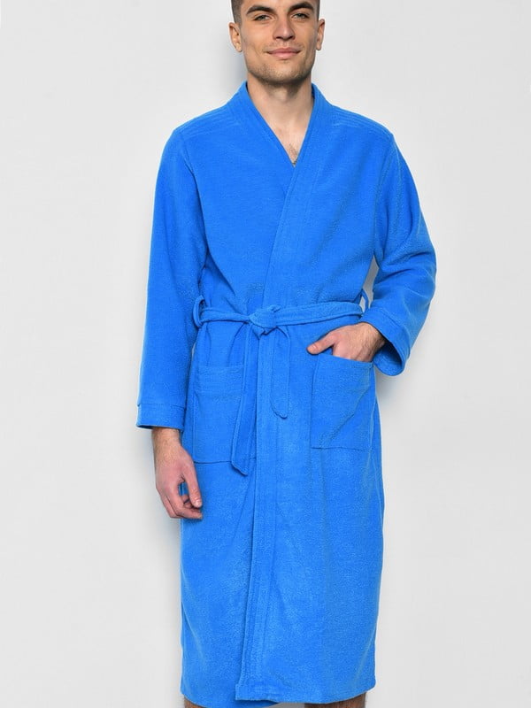 Махровий синій халат з поясом | 6770092