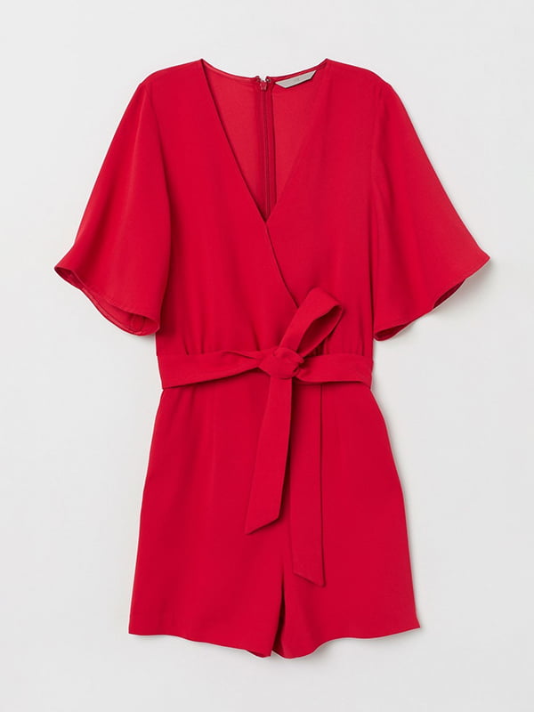 Красный комбинезон-шорты “на запах” из креповой ткани | 5952723