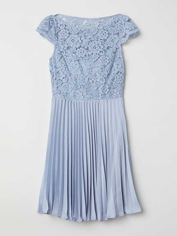 Блакитна сукня з мереживним ліфом та плісированою спідницею | 6774384