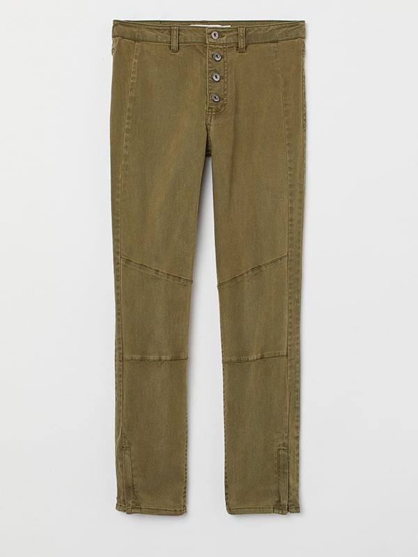 Узкие брюки цвета хаки с гульфиком на пуговицах | 6774392
