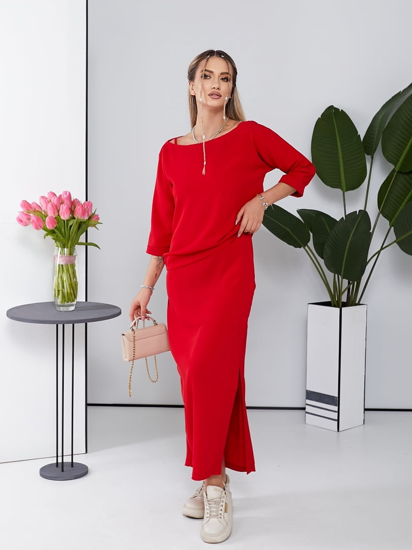 Червоний комплект: сукня-максі в білизняному стилі та світшот | 6780055