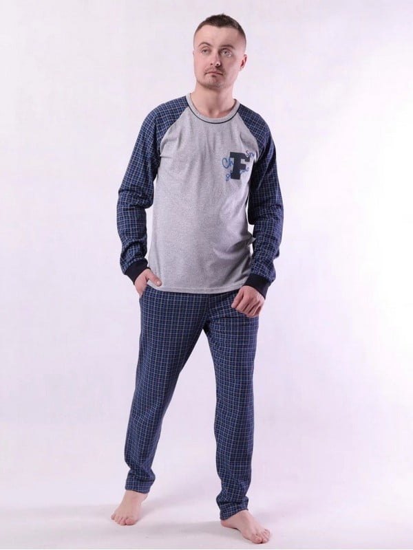 Сіро-синя піжама: реглан з принтом і штани | 6780189