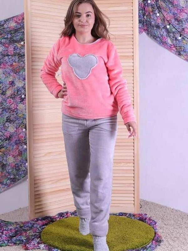 Рожево-сіра махрова піжама: світшот і штани | 6780417