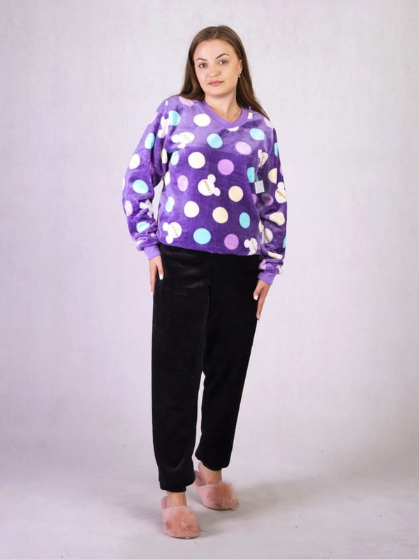 Махрова фіолетова піжама: джемпер з принтом і штани | 6780687