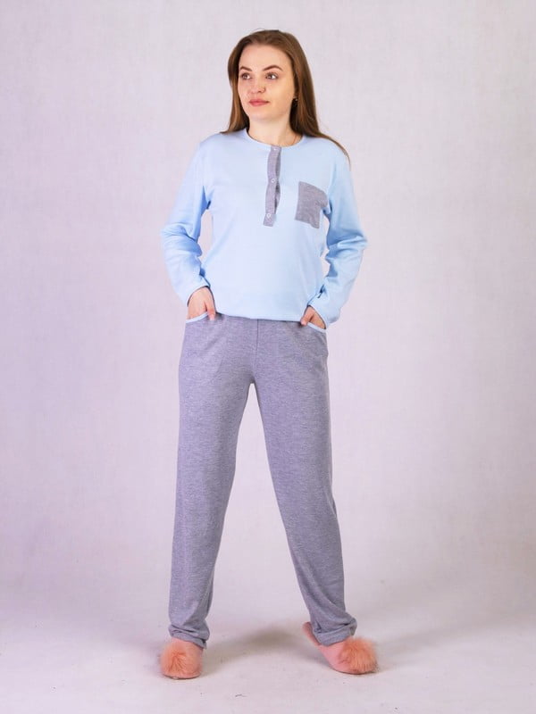 Сіро-блакитна бавовняна піжама: джемпер на гудзиках і штани | 6780774