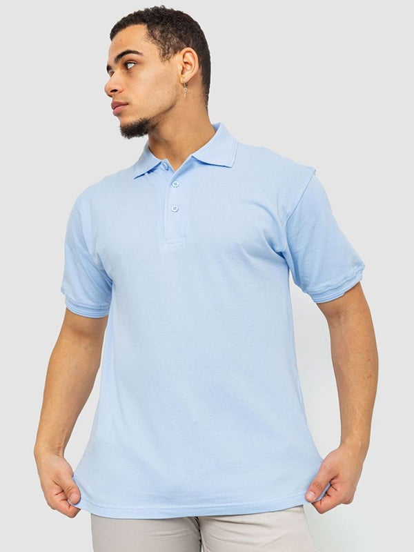 Бавовняна блакитна футболка-поло з розрізами по бокам | 6781973
