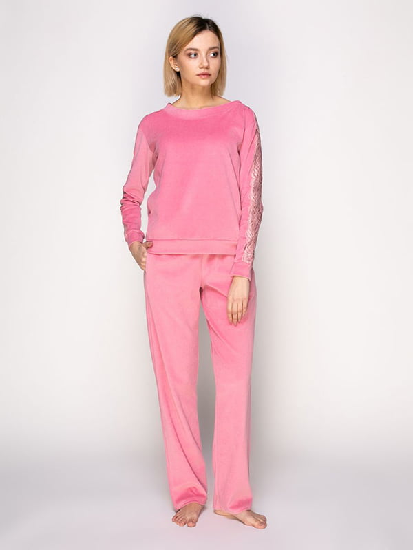 Велюровий рожевий костюм: світшот з мереживом та штани | 6783775