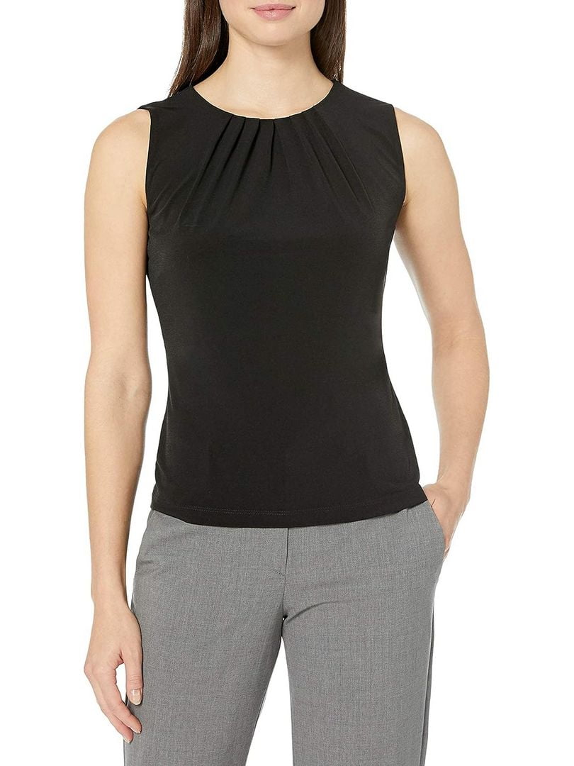 Блуза черная с круглым вырезом и присборенной тканью сверху | 6804420