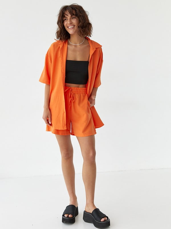 Літній помаранчевий костюм з подовженою сорочкою та шортами | 6807056