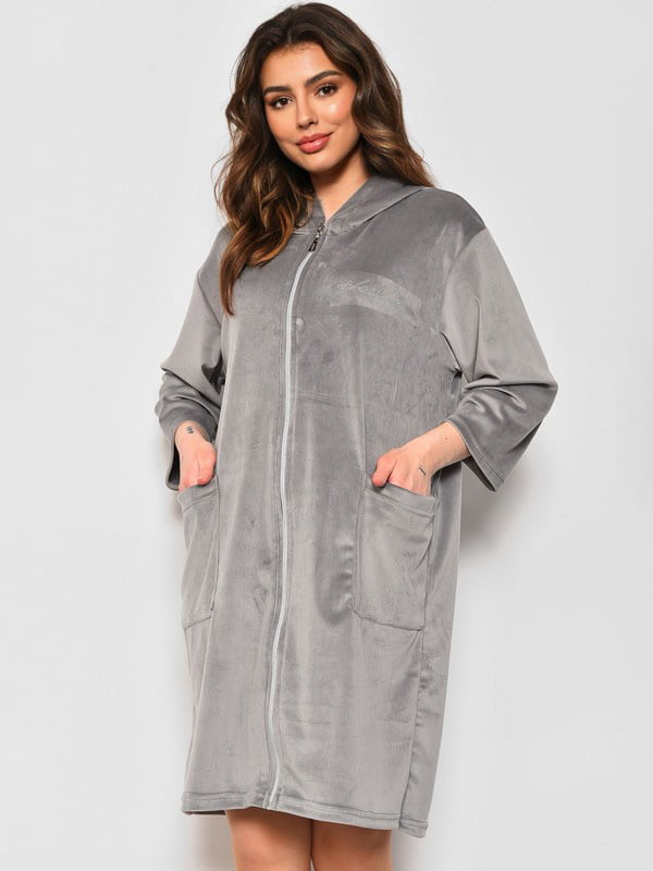 Сірий велюровий халат з капюшоном | 6809029