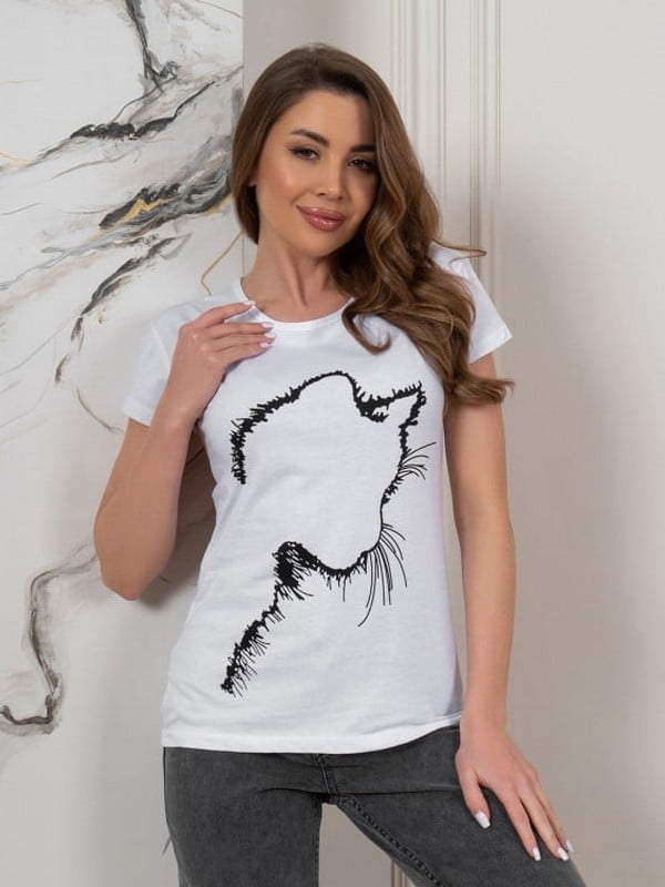 Біла бавовняна футболка з котячим силуетом | 6811152