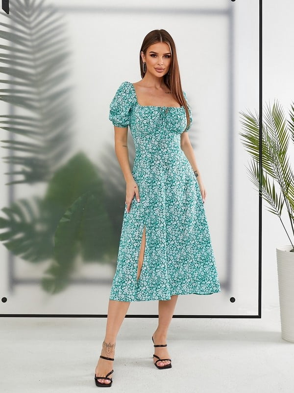 Сукня А-силуету бірюзового кольору з розрізом та квітковим принтом | 6811302