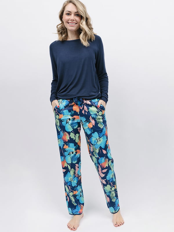 Піжама синя з квітковим принтом: реглан та штани | 6815436