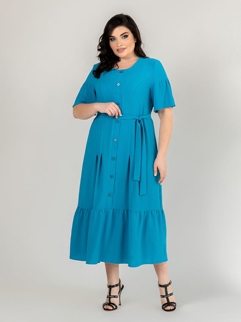Свободное бирюзовое платье-миди с поясом | 6817049