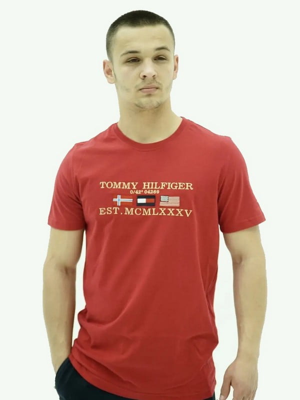 Бавовняна червона футболка з фірмовим принтом | 6817992