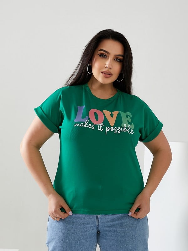 Базова зелена футболка з принтом Love | 6821489