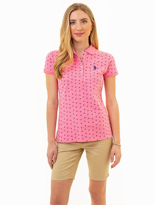 Рожева принтована футболка-поло з вишитим лого | 6825959