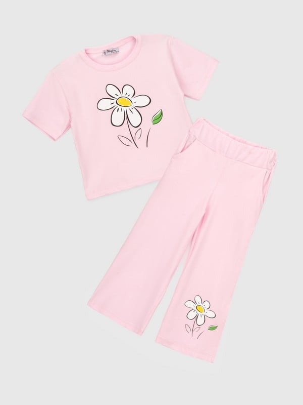 Комплект рожевий: футболка з принтом і штани | 6829483