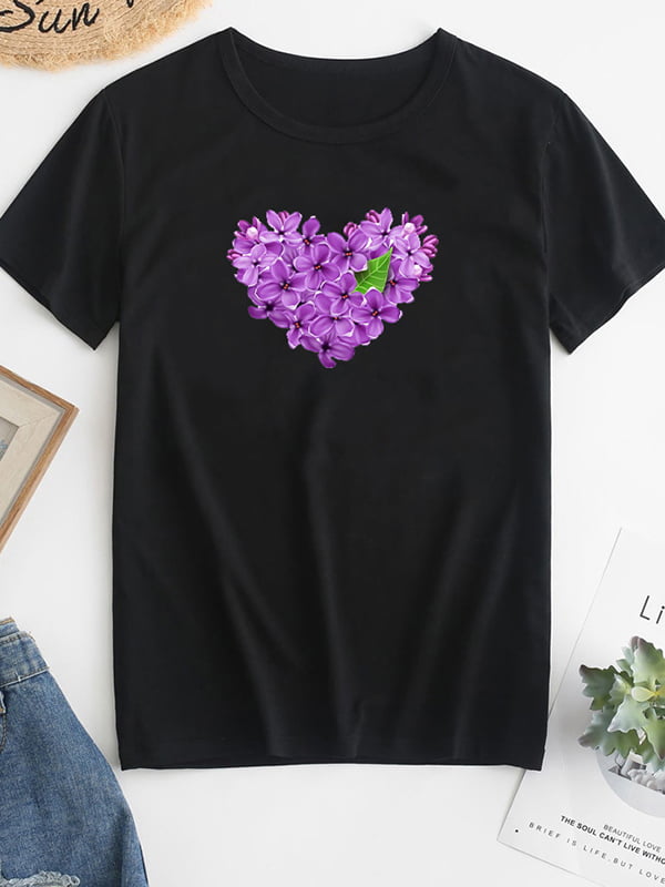 Футболка чорна “Lilac-heart” | 6834137