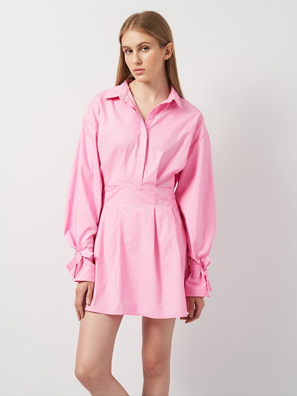 Расклешенное розовое платье-рубашка с завязками на рукавах | 6840583