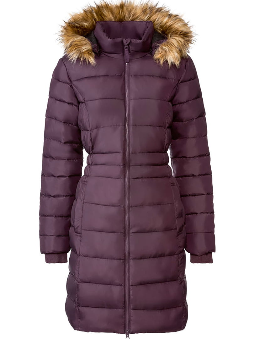 Фіолетове стьобане пальто з хутряним оздобленням | 6855174