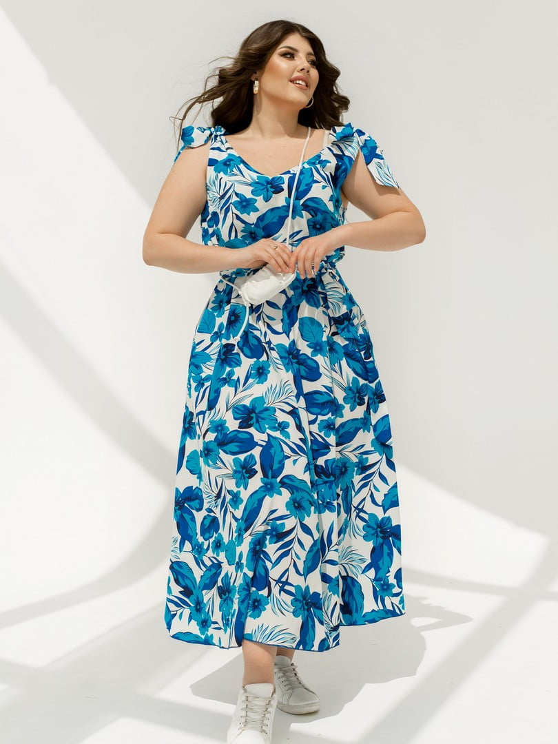 Літня синя сукня максі з поясом | 6857571
