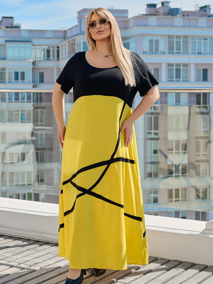 Вільна чорно-жовта сукня А-силуету | 6857599