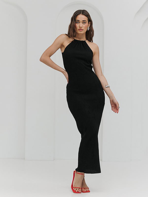 Довга чорна сукня з текстурного трикотажу | 6853175