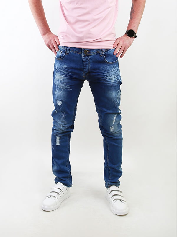 Сині джинси прямого крою з потертостями | 6859643