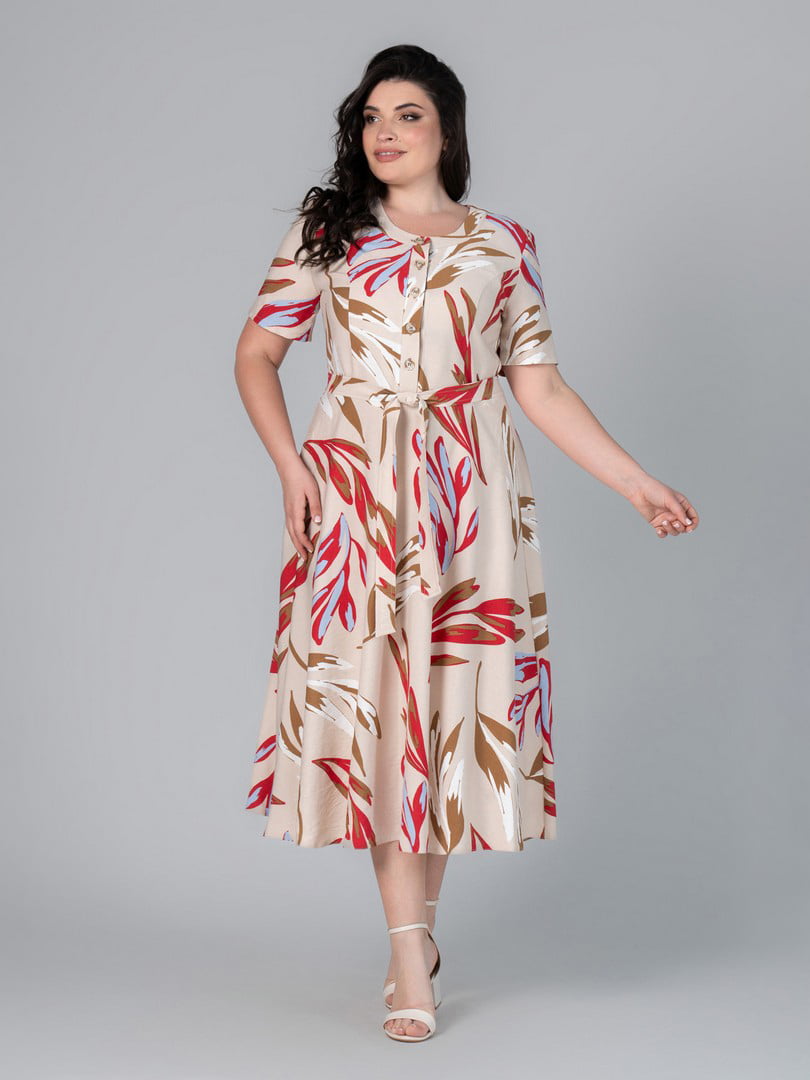 Платье А-силуэта цвета пряженого молока с принтом и поясом | 6861800