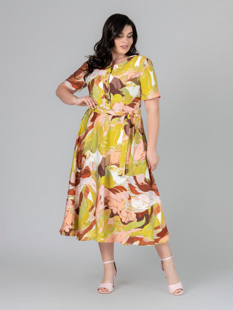Сукня А-силуету гірчичного кольору з принтом та поясом | 6861801