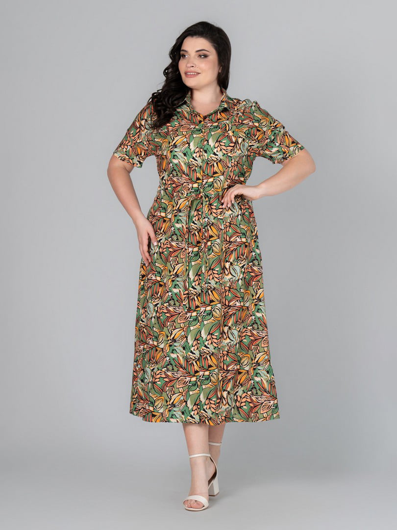 Легкое платье А-силуэта оливкового цвета с принтом | 6861811