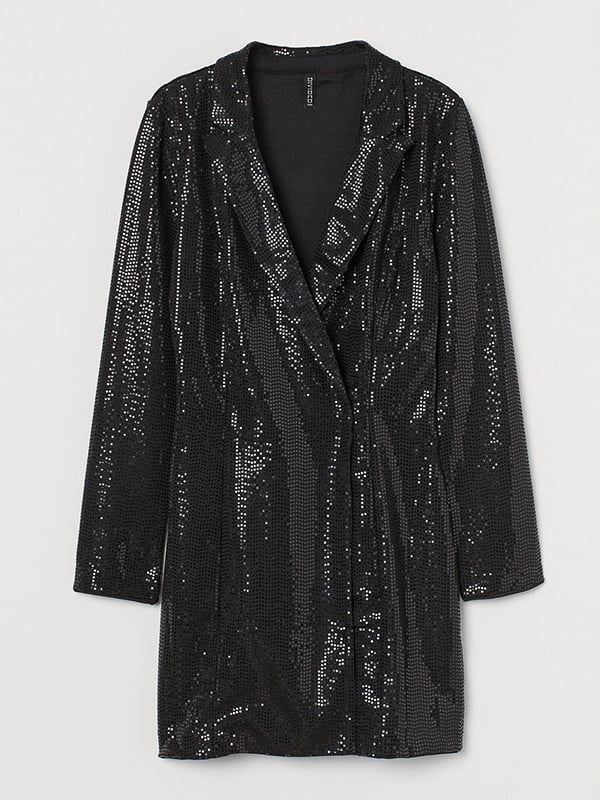 Короткое приталенное платье из черного трикотажа, расшитого пайетками, с V-образным вырезом “на запах” | 6865351