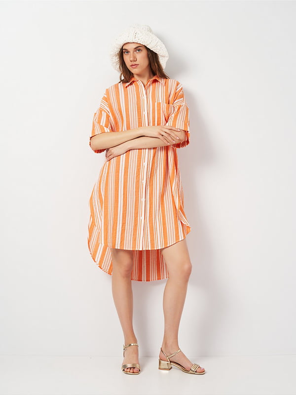 Оранжевое в полоску платье-рубашка | 6865355