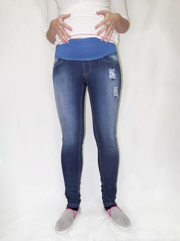 Приталені сині джинси з рваними ефектами та широкою бандажною резинкою для вагітних | 6865681