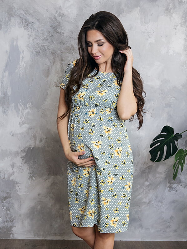 Сіра принтована сукня під резинку для вагітних та годуючих мам з секретом для годування | 6865805