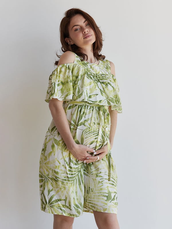 Бавовняна сукня салатового кольору вільного крою для вагітних з принтом | 6865807