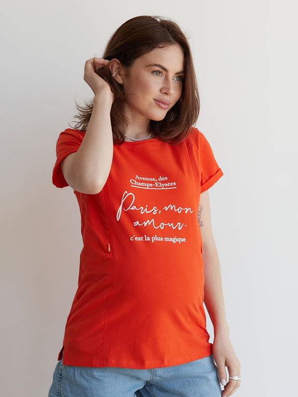 Трикотажна футболка з принтом з секретом для годування помаранчева | 6865896