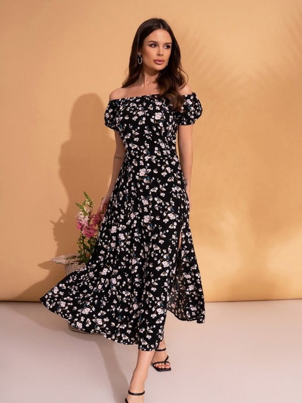 Чорна квіткова сукня з бавовни | 6871713