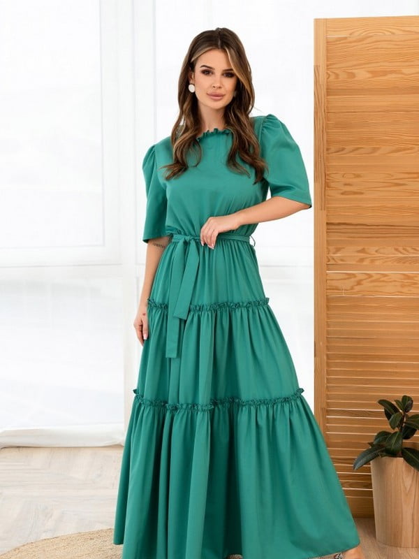 Довга сукня із зеленої бавовни з рюшами | 6871766