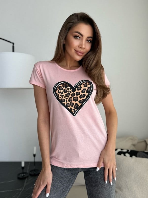 Рожева бавовняна футболка з леопардовим принтом | 6871830
