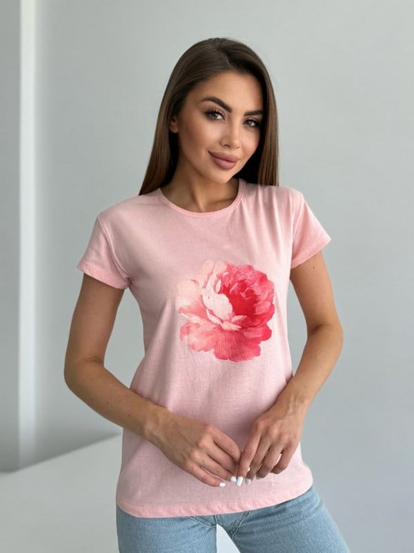 Рожева бавовняна футболка з квітковим малюнком | 6871852