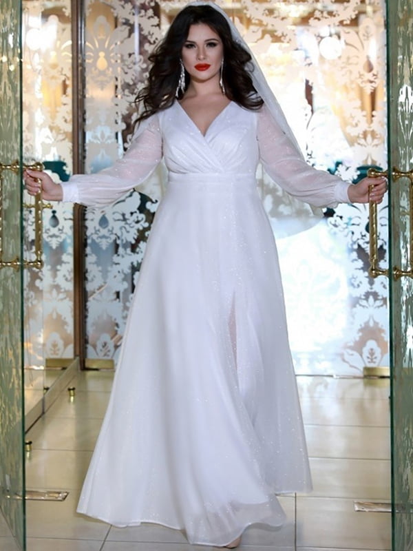 Сукня весільна біла блискуча з розрізом | 6506404