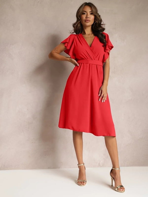 Елегантна червона сукня міді з рукавами-метеликами | 6873946
