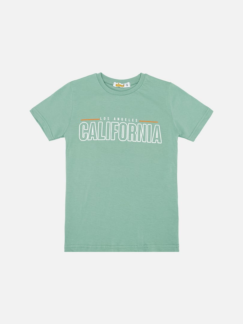 Бавовняна футболка оливкового кольору з принтом і коротким рукавом | 6872391